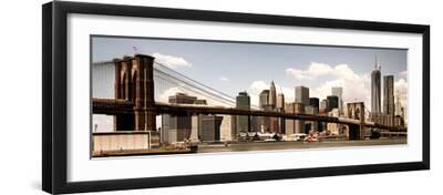Vintage Panoramic, Skyline of NYC, Manhattan and Brooklyn Bridge, One World Trade Center, US - Black Framed Art Print Wall Art, 24x8