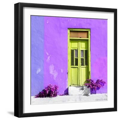 ¡Viva Mexico! Square Collection - Lime Green Door & Purple Wall in Campeche - Black Framed Art Print Wall Art, 16x16
